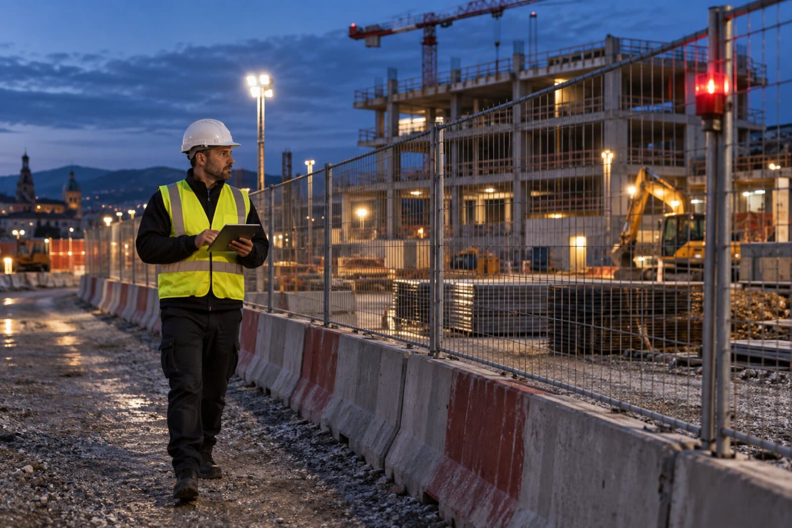Operatore qualificato controlla il perimetro di un cantiere.