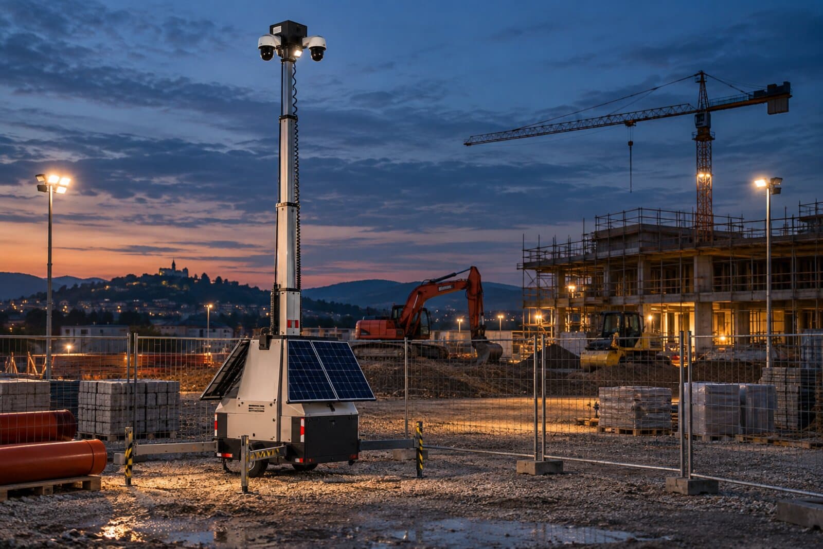 Torre mobile di videosorveglianza installata in un cantiere.