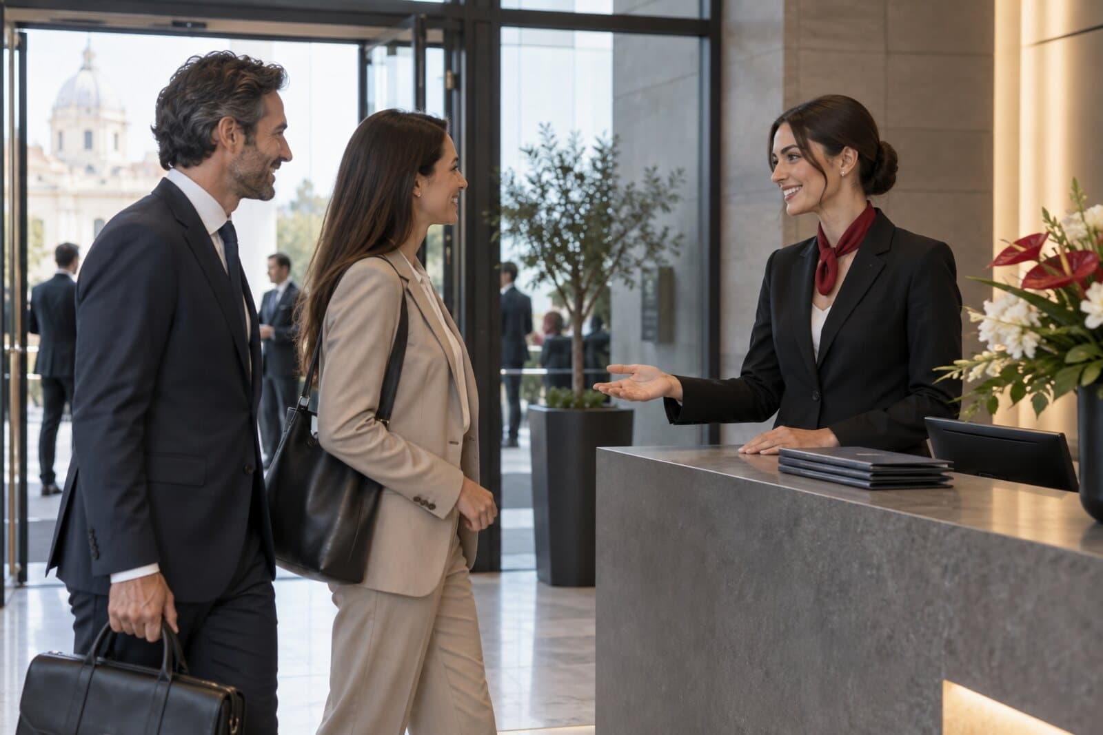 Hostess professionale accoglie due ospiti alla reception di una struttura.